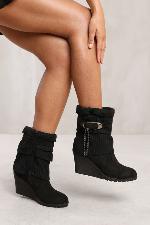 BRYONY WEDGE HEEL SLOUCHY ANKLE BOOTS WITH KNITTED COLLAR IN BLACK FAUX SUEDE