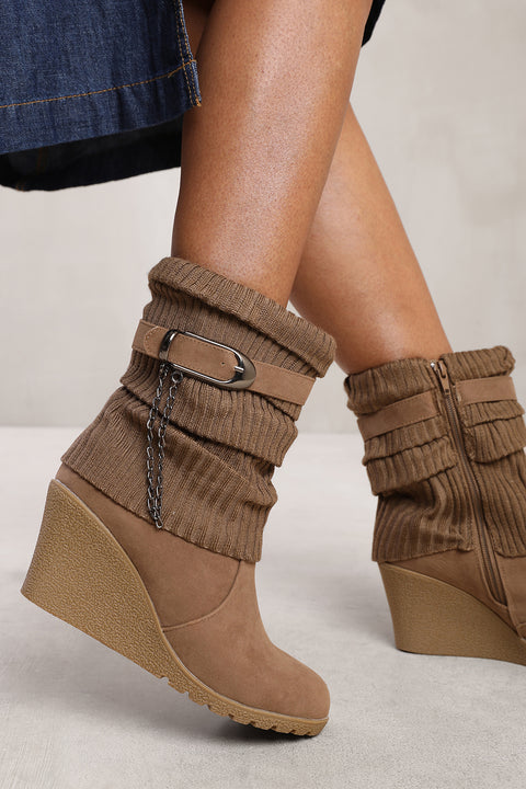 BRYONY WEDGE HEEL SLOUCHY ANKLE BOOTS WITH KNITTED COLLAR IN KHAKI FAUX SUEDE