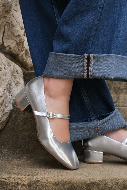 Maura Wide Fit Girl's School Block Heel Buckle Strap Mary Jane Shoes In Silver Faux Leather
