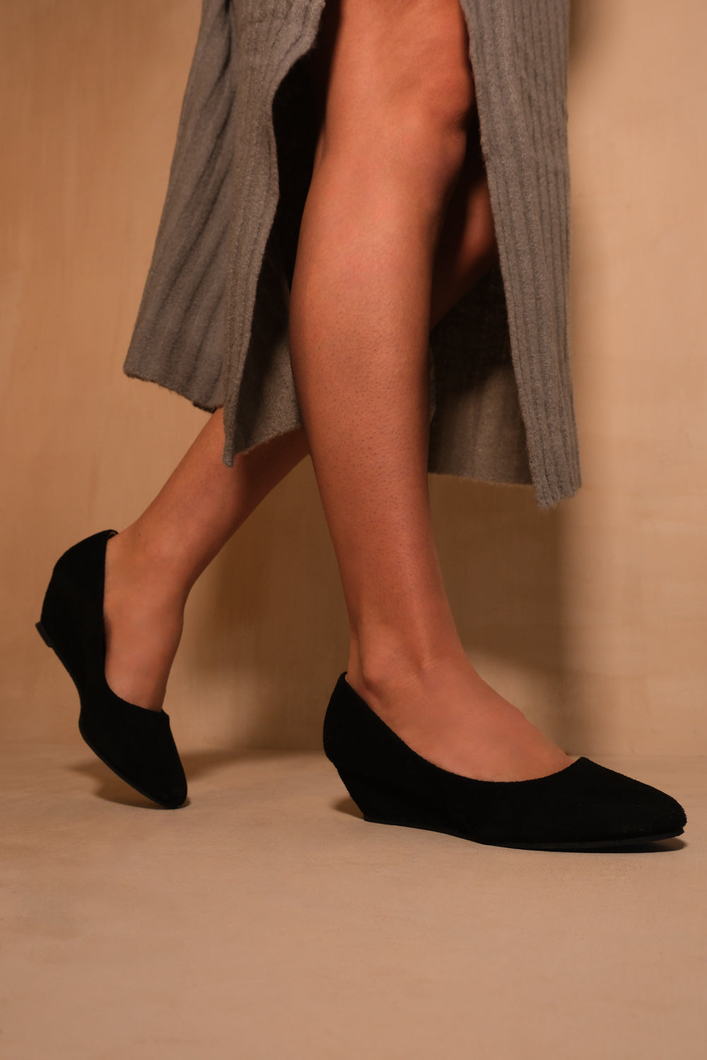 KIERAN PLATFORM LOW WEDGE MID HEEL COURT SHOES IN BLACK SUEDE