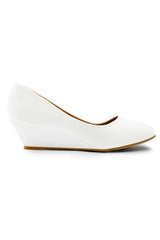 KIERAN WIDE FIT PLATFORM LOW WEDGE MID HEEL COURT SHOES IN WHITE FAUX LEATHER