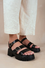  NOVEL BUCKLE STRAP FLAT SANDALS IN BLACK