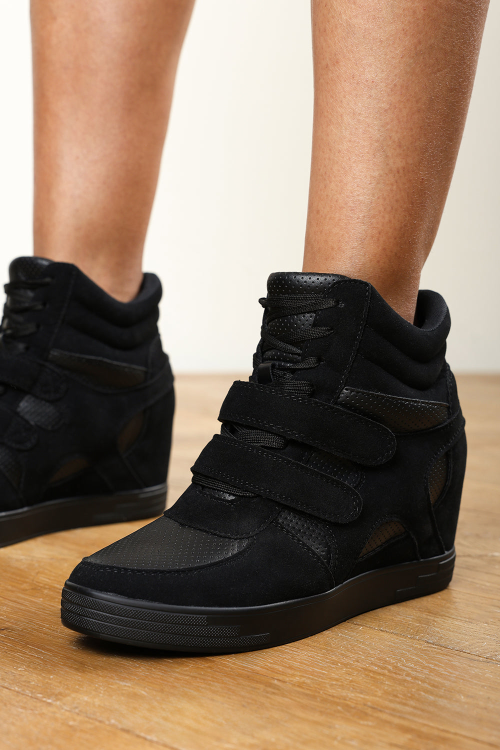 Fivana Black High-Top Wedge Trainers with Hook and Loop Straps