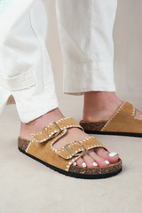 SUNSET DOUBLE STRAP FLAT SANDALS WITH BUCKLE DETAIL IN CAMEL SUEDE