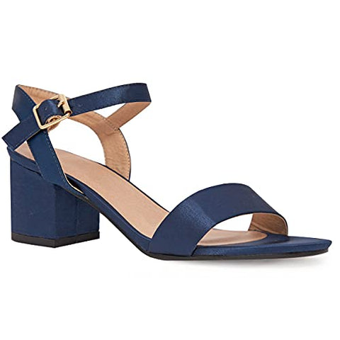 ZEPHYR STRAPPY MID HIGH BLOCK HEELS PEEP TOE IN NAVY SILK