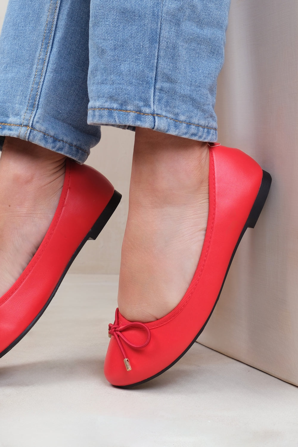 TALLULAH WIDE FIT SLIP ON FLAT PUMPS IN RED FAUX LEATHER