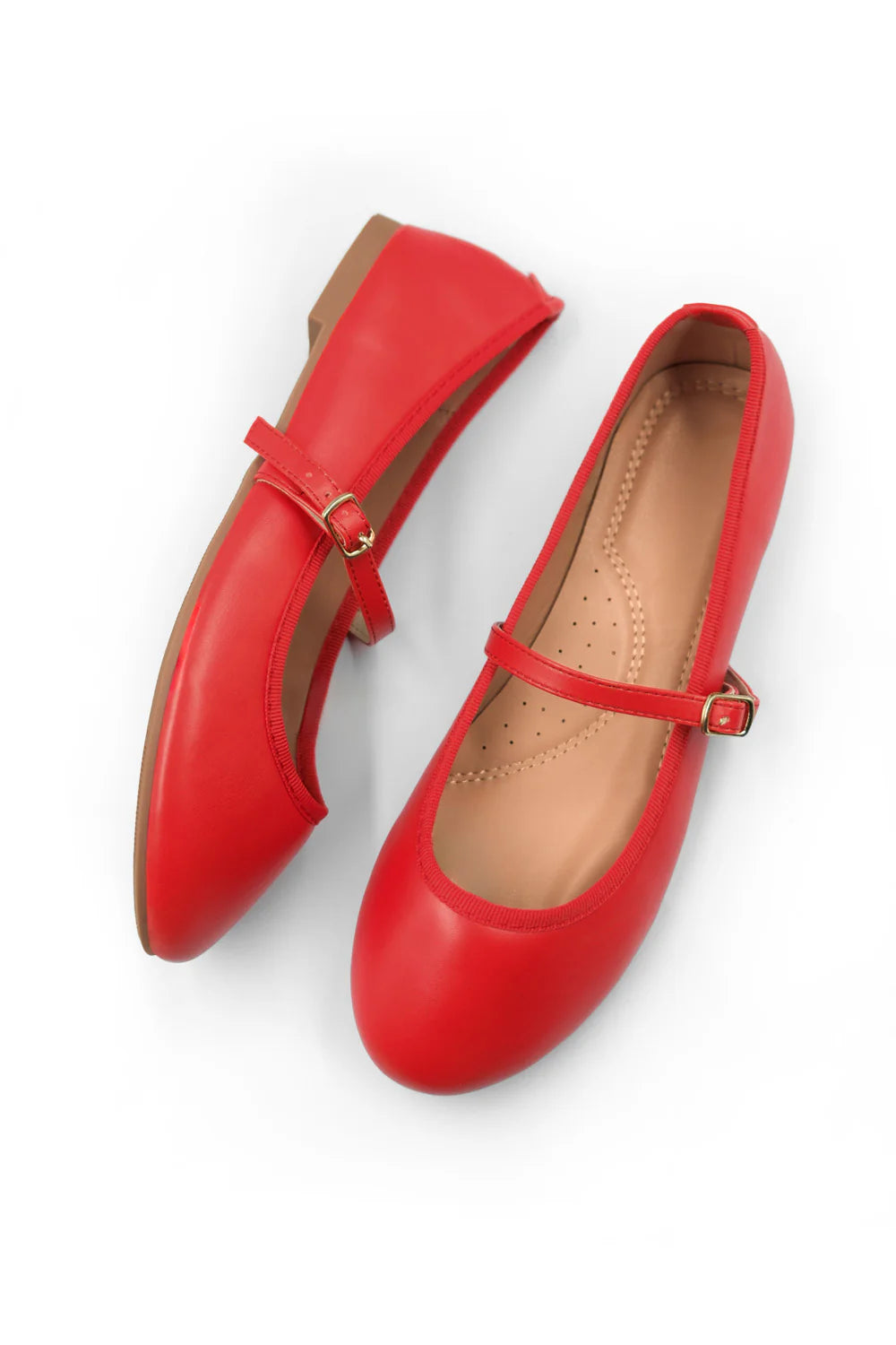 JOSIE WIDE FIT BALLERINA FLATS WITH STRAP DETAIL IN RED FAUX LEATHER