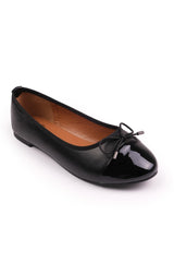 JANICE BALLERINA FLATS WITH FRONT BOW DETAIL IN BLACK FAUX LEATHER