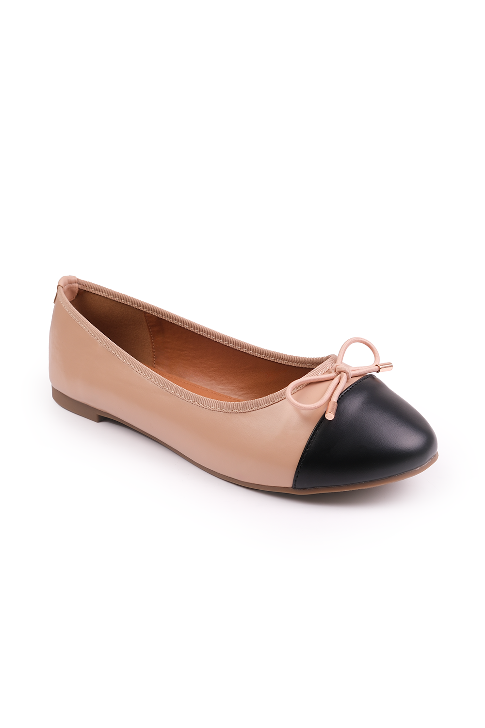 JANICE BALLERINA FLATS WITH FRONT BOW DETAIL IN NUDE FAUX LEATHER