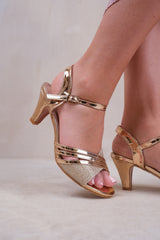 STORMI LOW HEEL SANDALS WITH BUCKLE ANKLE STRAP IN GOLD GLITTER