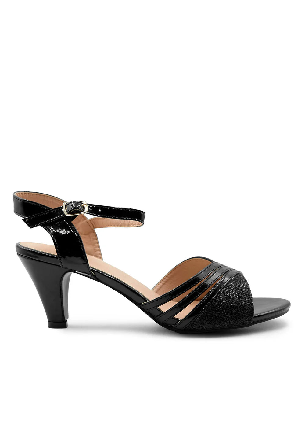 STORMI EXTRA WIDE FIT LOW HEEL SANDALS WITH BUCKLE ANKLE STRAP IN BLACK GLITTER