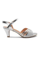 STORMI EXTRA WIDE FIT LOW HEEL SANDALS WITH BUCKLE ANKLE STRAP IN MOON SILVER GLITTER