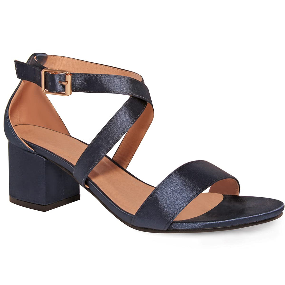 AMBER STRAPPY MID HIGH BLOCK HEELS PEEP TOE IN NAVY SILK