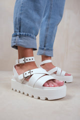 LAYLA WIDE FIT BUCKLE STRAP PLATFORM SANDALS IN WHITE FAUX LEATHER