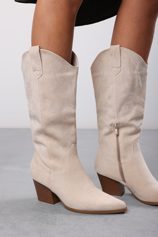 Yasmine Calf Cowboy Boots Block Heel Western Embroidered In Beige Suede