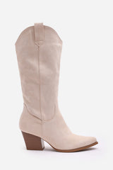Fevora Beige Pointed Toe Block Heeled Calf Length Boots
