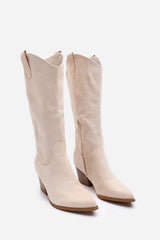 Fevora Beige Pointed Toe Block Heeled Calf Length Boots