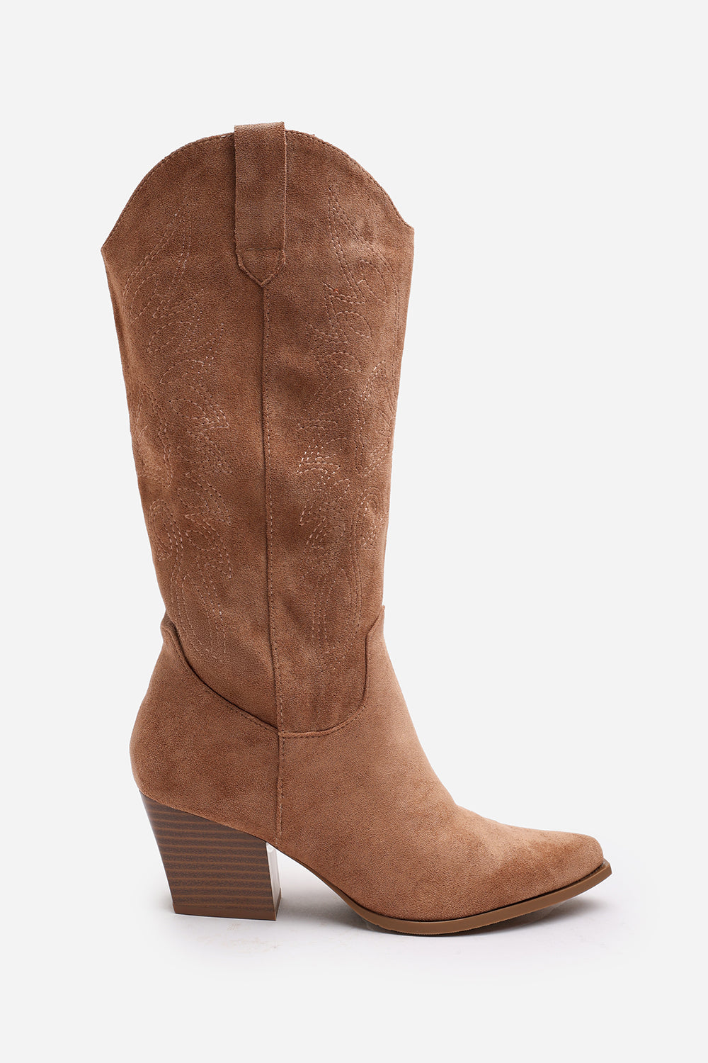 Fevora Camel Pointed Toe Block Heeled Calf Length Boots