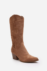 Fevora Camel Pointed Toe Block Heeled Calf Length Boots