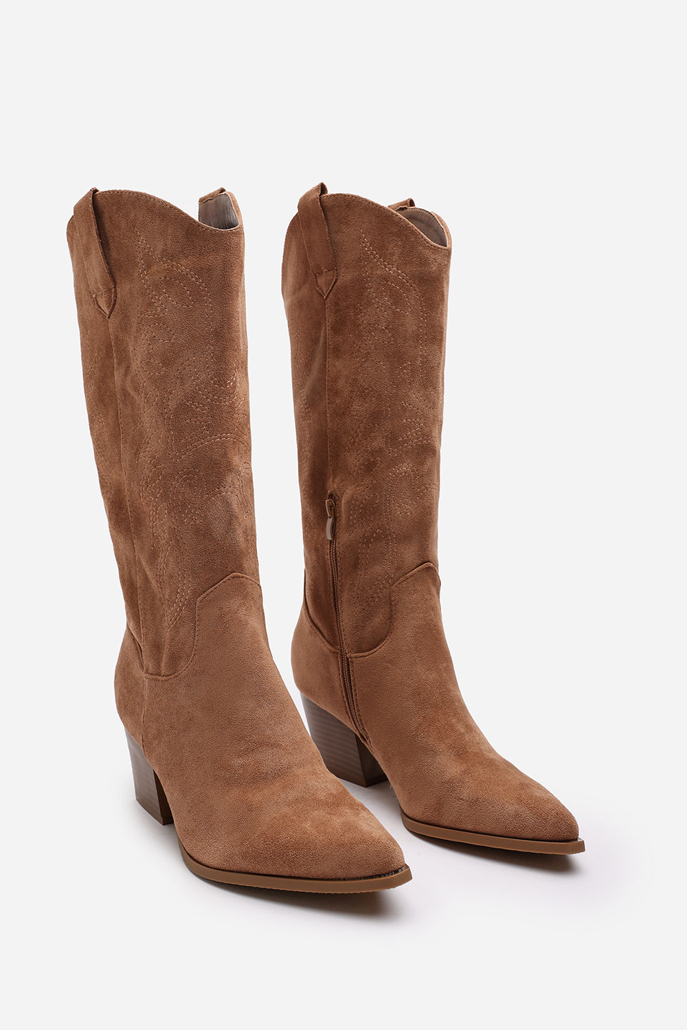 Fevora Camel Pointed Toe Block Heeled Calf Length Boots