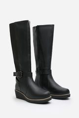 Oriana Wide Fit Black Faux Leather Knee High Wedge Boots With Strap And Buckle