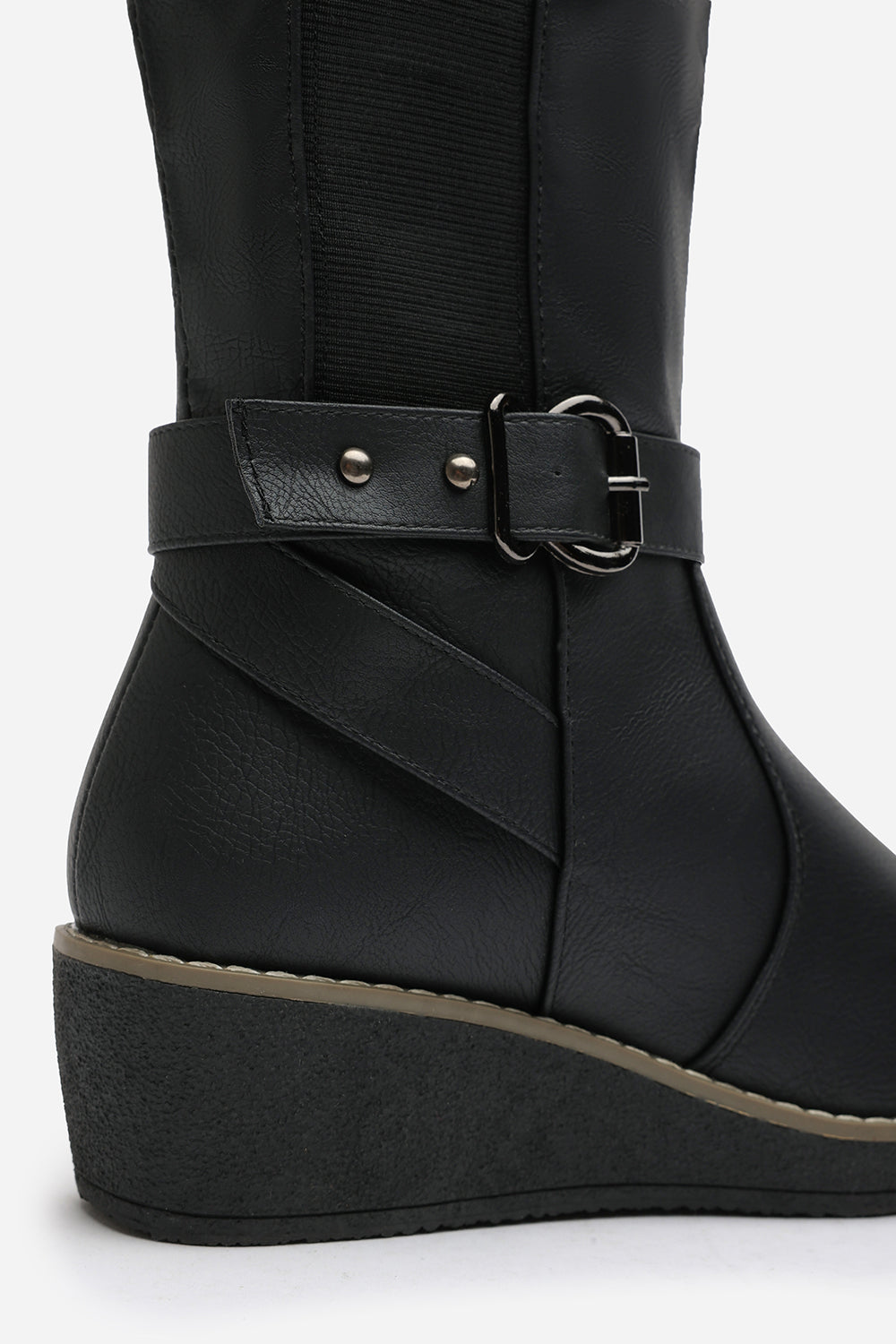 Oriana Wide Fit Black Faux Leather Knee High Wedge Boots With Strap And Buckle