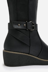 Oriana Wide Fit Black Faux Leather Knee High Wedge Boots With Strap And Buckle