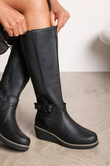 Oriana Black Faux Leather Knee High Wedge Boots With Strap And Buckle