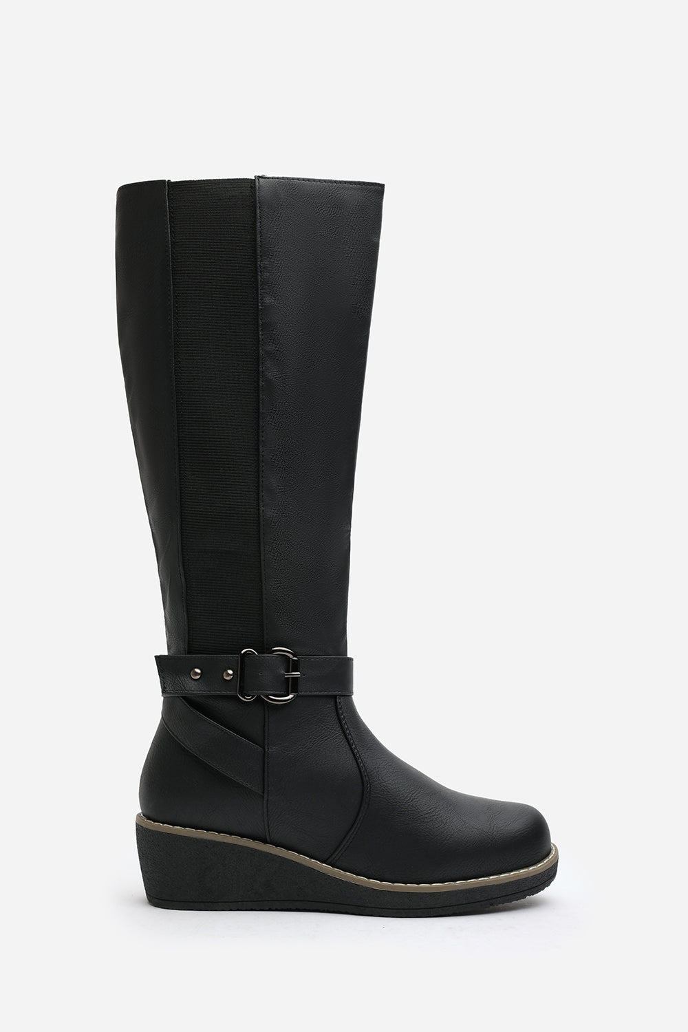Jaxelle Black Knee High Wedge Heel Boots with Buckle Strap