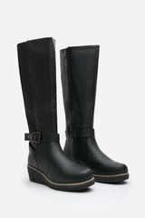 Jaxelle Black Knee High Wedge Heel Boots with Buckle Strap