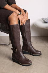 Oriana Wide Fit Brown Faux Leather Knee High Wedge Boots With Strap And Buckle