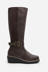 Oriana Wide Fit Brown Faux Leather Knee High Wedge Boots With Strap And Buckle