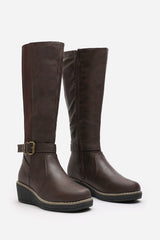 Oriana Wide Fit Brown Faux Leather Knee High Wedge Boots With Strap And Buckle
