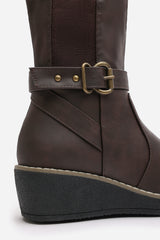 Oriana Brown Faux Leather Knee High Wedge Boots With Strap And Buckle