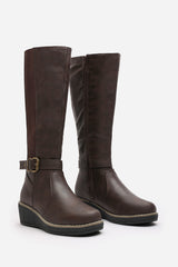 Jaxelle Brown Wide Calf Knee High Wedge Heel Boots with Buckle Closure