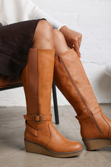 Oriana Wide Fit Tan Faux Leather Knee High Wedge Boots With Strap And Buckle
