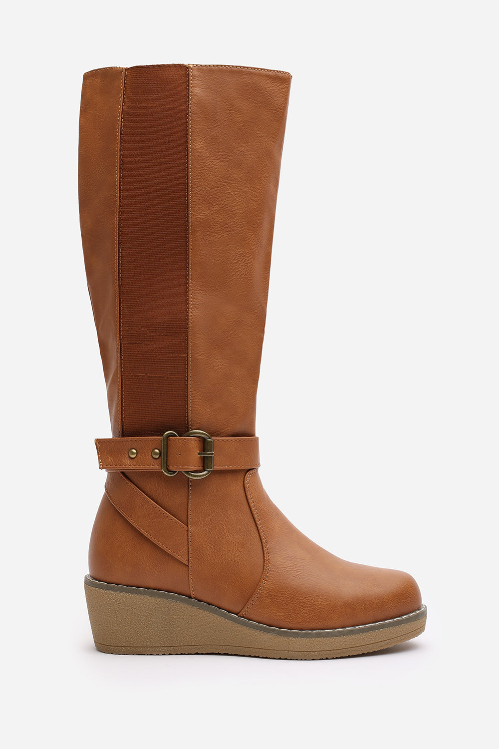 Oriana Wide Fit Tan Faux Leather Knee High Wedge Boots With Strap And Buckle