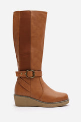 Oriana Tan Faux Leather Knee High Wedge Boots With Strap And Buckle