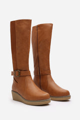 Oriana Tan Faux Leather Knee High Wedge Boots With Strap And Buckle