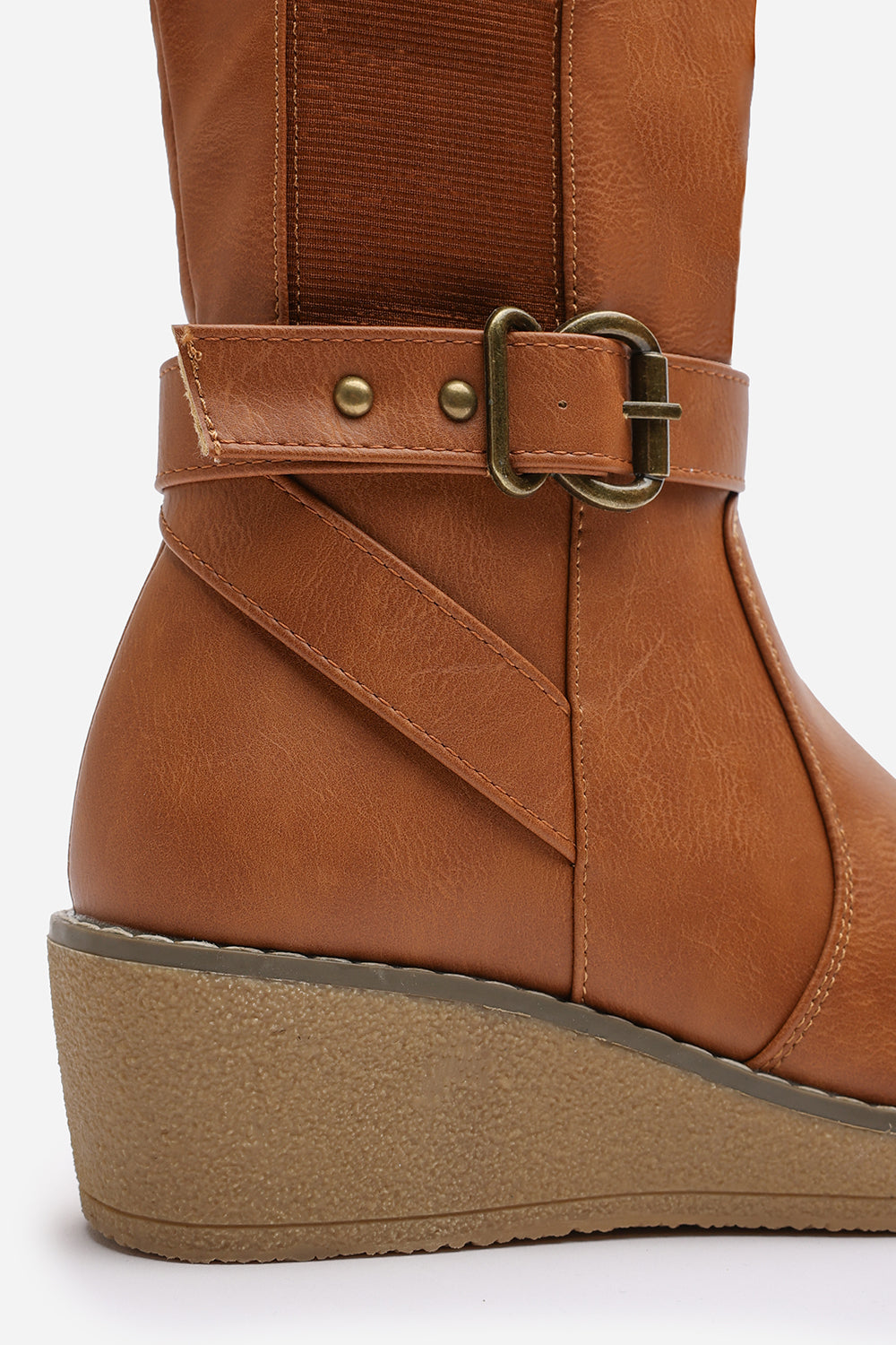 Oriana Wide Fit Tan Faux Leather Knee High Wedge Boots With Strap And Buckle