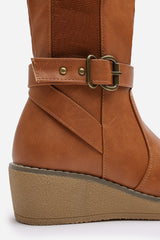 Oriana Wide Fit Tan Faux Leather Knee High Wedge Boots With Strap And Buckle
