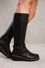 AYLEEN WIDE CALF WEDGE HEEL KNEE HIGH BOOTS WITH ELASTIC PANEL IN WIDE E FIT IN BLACK FAUX LEATHER