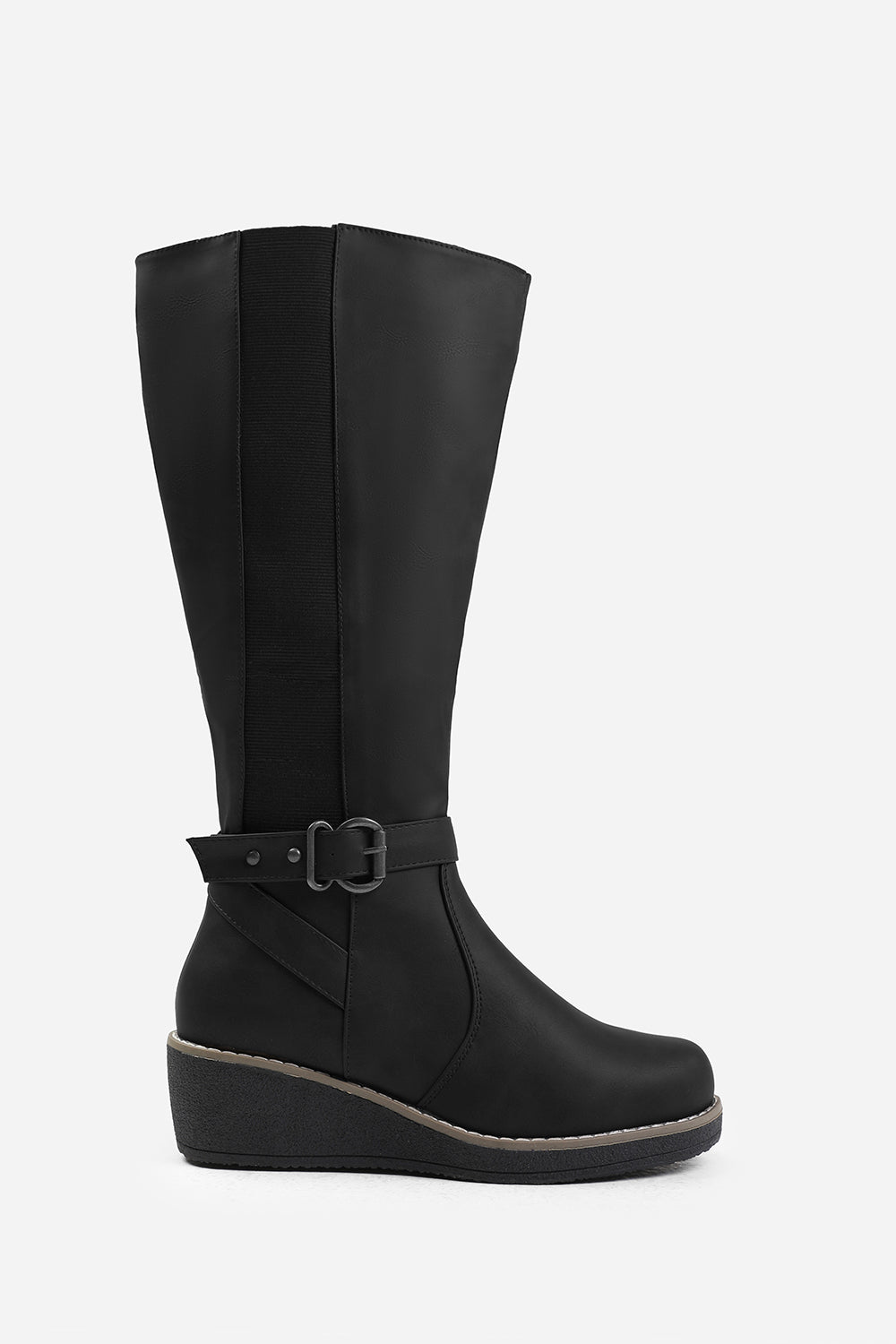 AYLEEN WIDE CALF WEDGE HEEL KNEE HIGH BOOTS WITH ELASTIC PANEL IN WIDE E FIT IN BLACK FAUX LEATHER