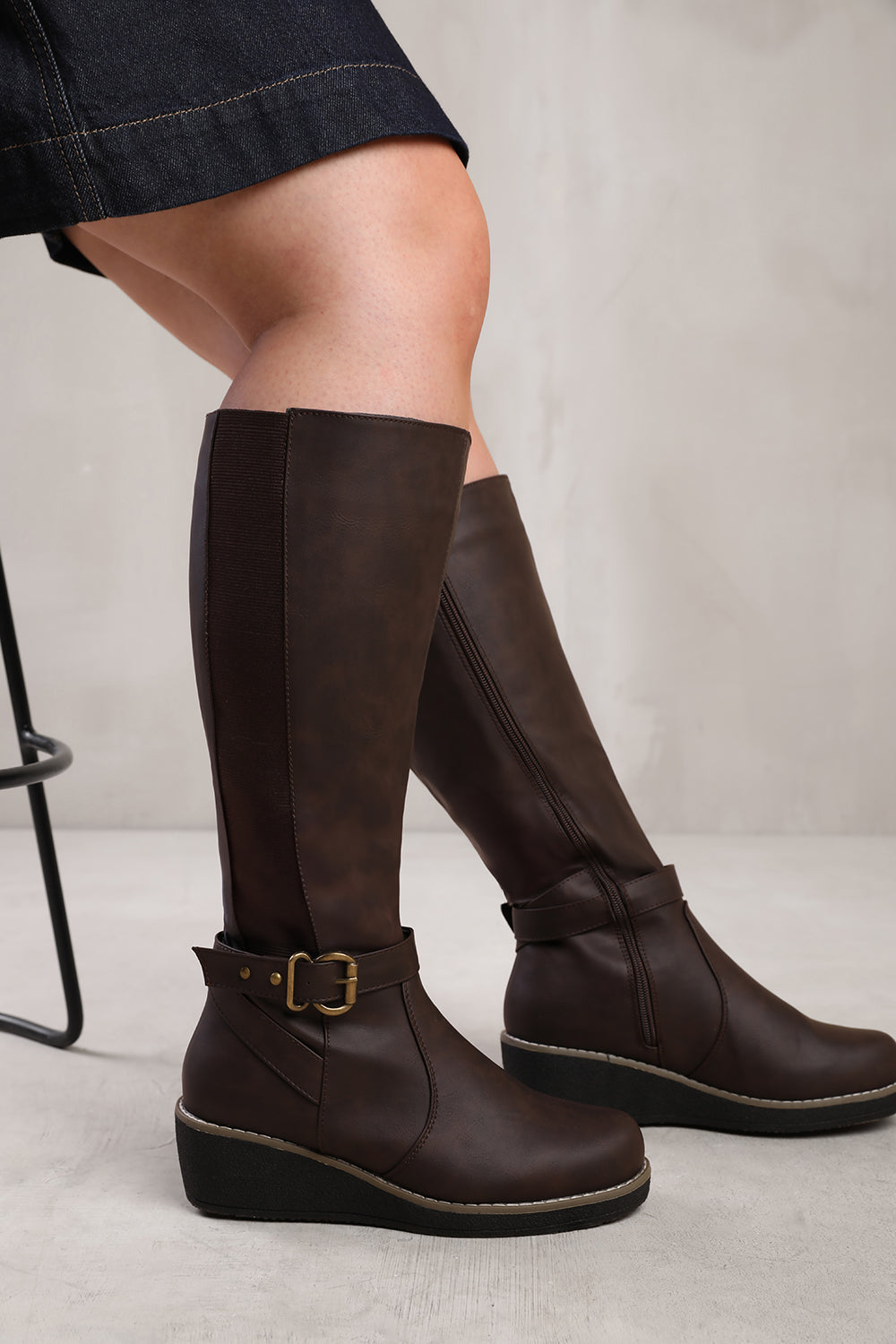 AYLEEN WIDE CALF WEDGE HEEL KNEE HIGH BOOTS WITH ELASTIC PANEL IN WIDE E FIT IN BROWN FAUX LEATHER