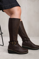 AYLEEN WIDE CALF WEDGE HEEL KNEE HIGH BOOTS WITH ELASTIC PANEL IN WIDE E FIT IN BROWN FAUX LEATHER