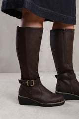 AYLEEN WIDE CALF WEDGE HEEL KNEE HIGH BOOTS WITH ELASTIC PANEL IN WIDE E FIT IN BROWN FAUX LEATHER