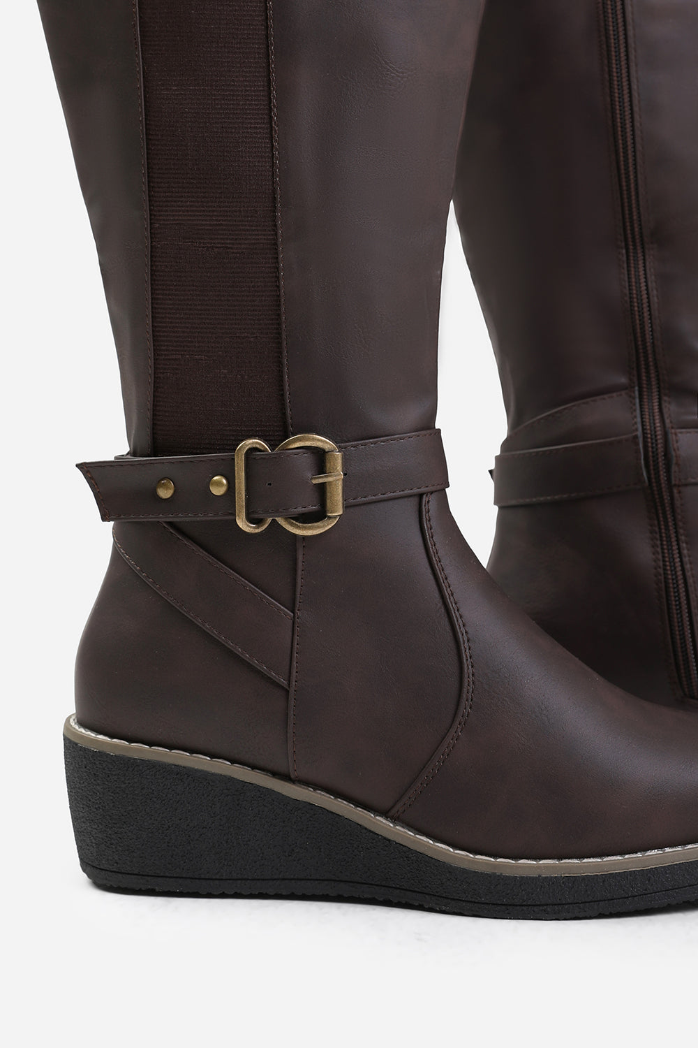 AYLEEN WIDE CALF WEDGE HEEL KNEE HIGH BOOTS WITH ELASTIC PANEL IN WIDE E FIT IN BROWN FAUX LEATHER