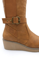 AYLEEN WIDE CALF WEDGE HEEL KNEE HIGH BOOTS WITH ELASTIC PANEL IN WIDE E FIT IN TAN FAUX LEATHER