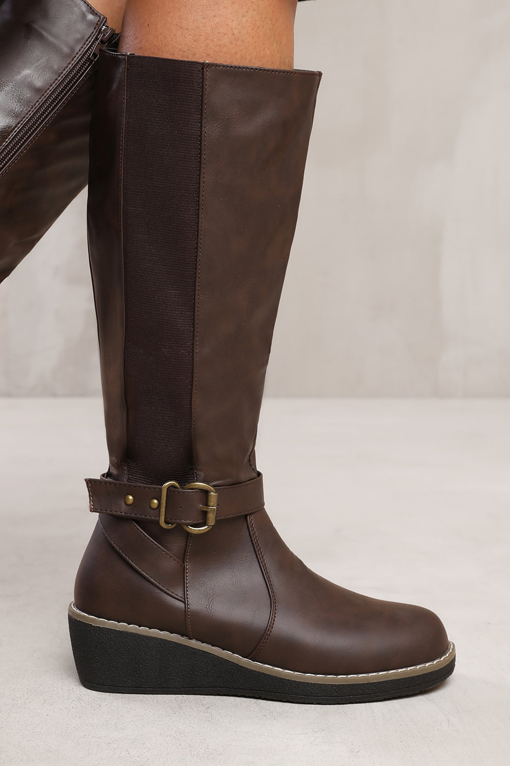 VANDA WEDGE HEEL KNEE HIGH BOOTS WITH ELASTIC PANEL IN BROWN