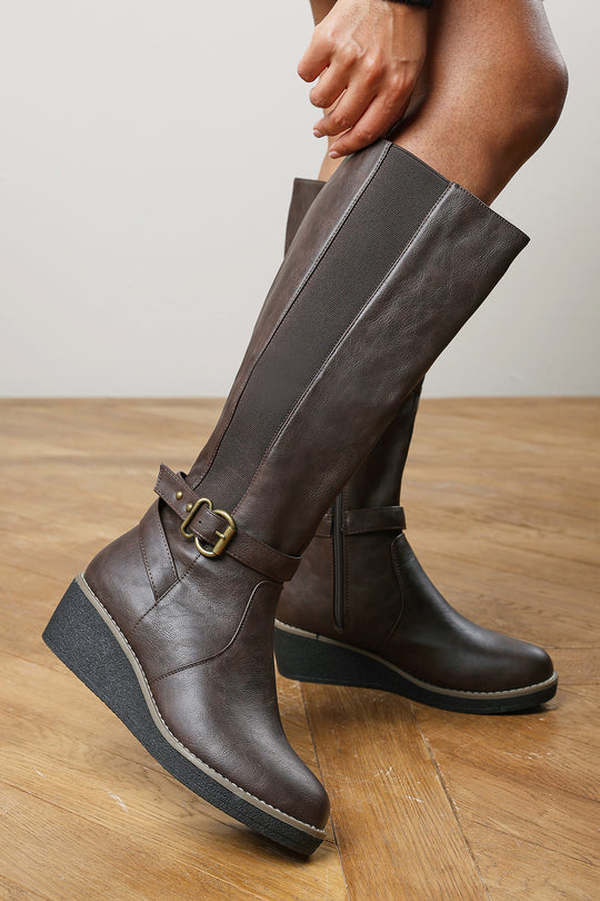 Jaxelle Brown Wide Calf Knee High Wedge Heel Boots with Buckle Closure